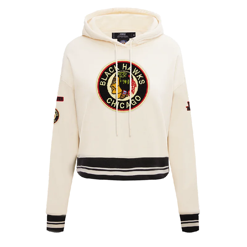 NHL CHICAGO BLACKHAWKS RETRO CLASSIC WOMEN'S RIB CROPPED PO HOODIE (EGGSHELL/ BLACK)