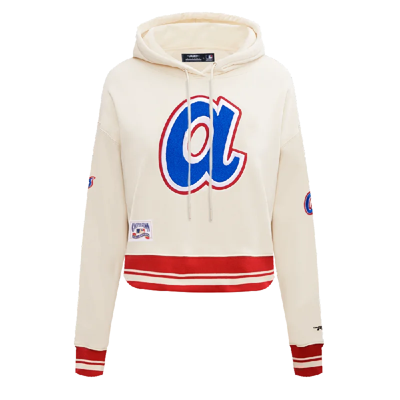 MLB ATLANTA BRAVES RETRO CLASSIC WOMEN'S RIB CROPPED PO HOODIE (EGGSHELL/ RED)