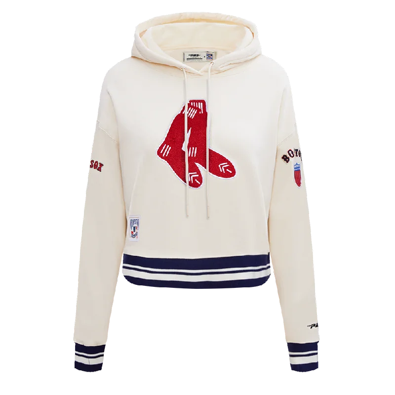 MLB BOSTON RED SOX RETRO CLASSIC WOMEN'S RIB CROPPED PO HOODIE (EGGSHELL/ MIDNIGHT NAVY)