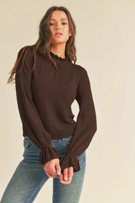 Ruffled Sweater Top in Chocolate Brown