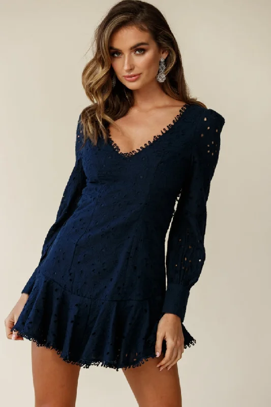 Camellia Open Back Cuff Sleeve Dress Anglaise Navy