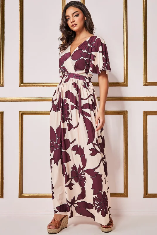 City Goddess Leaf Print Flutter Sleeve Maxi Dress