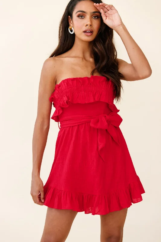 Dream All Day Shirred Ruffle Feature Strapless Dress Red