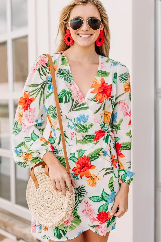 Here With You White Tropical Wrap Dress