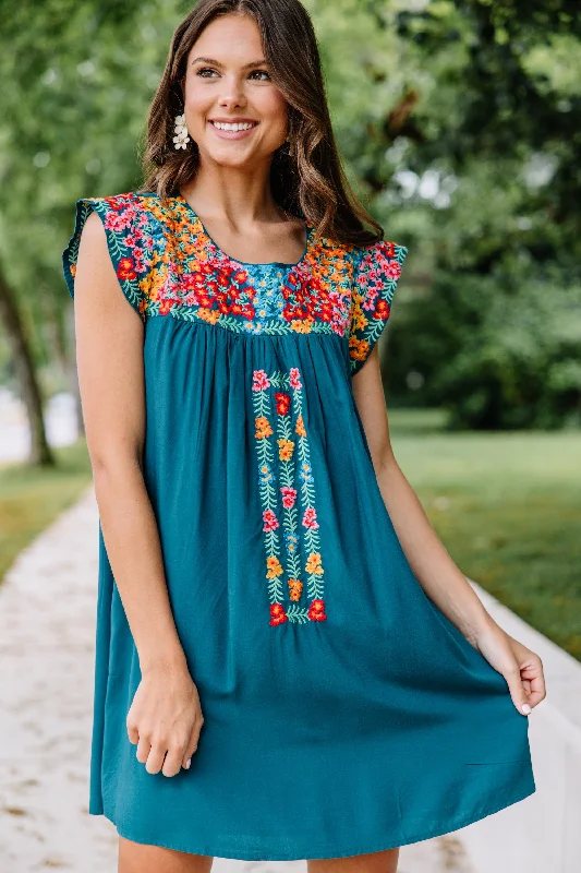 Live Your Way Teal Blue Embroidered Dress