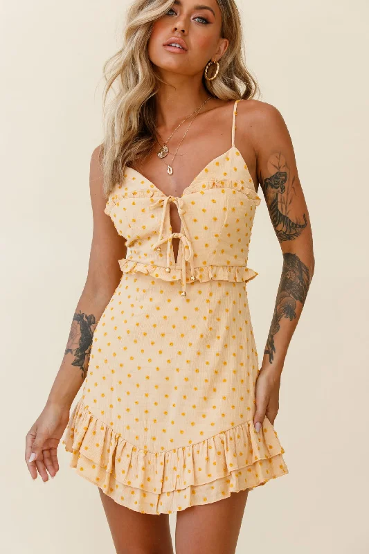 Lady Marmalade String Tie Bust Frill Dress Spotty Yellow