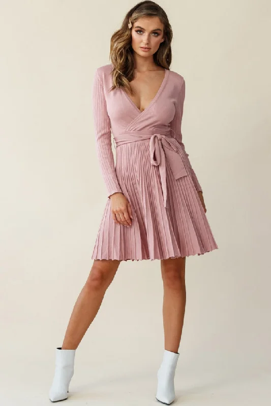 Marlena Long Sleeve Pleated Skirt Knit Dress Blush