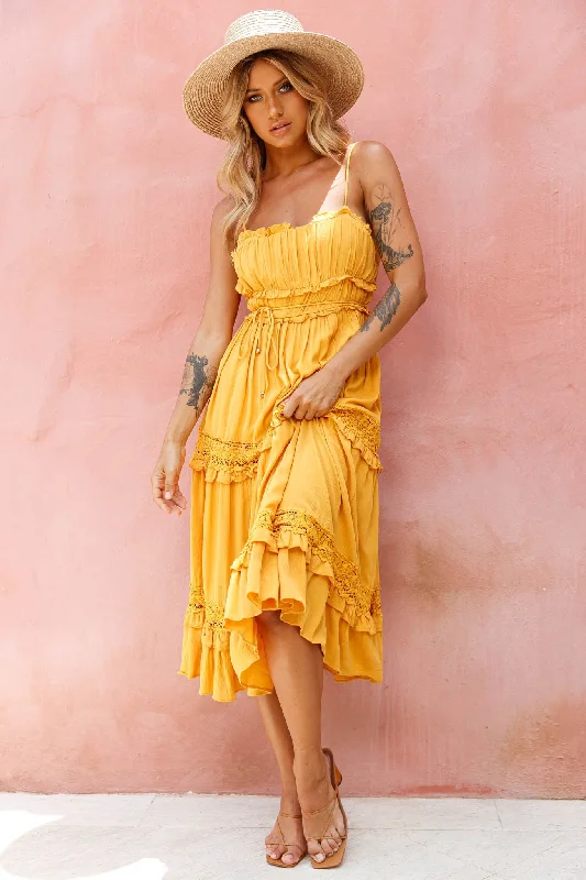 Meet You There Crochet & Frill Trim Detail Midi Dress Mustard