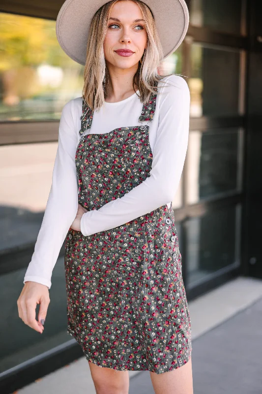 No Surprise Here Olive Green Ditsy Floral Overall Dress