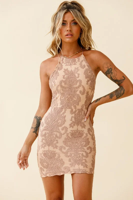 Peyton Halterneck Floral Embroidered Mesh Dress Mocha