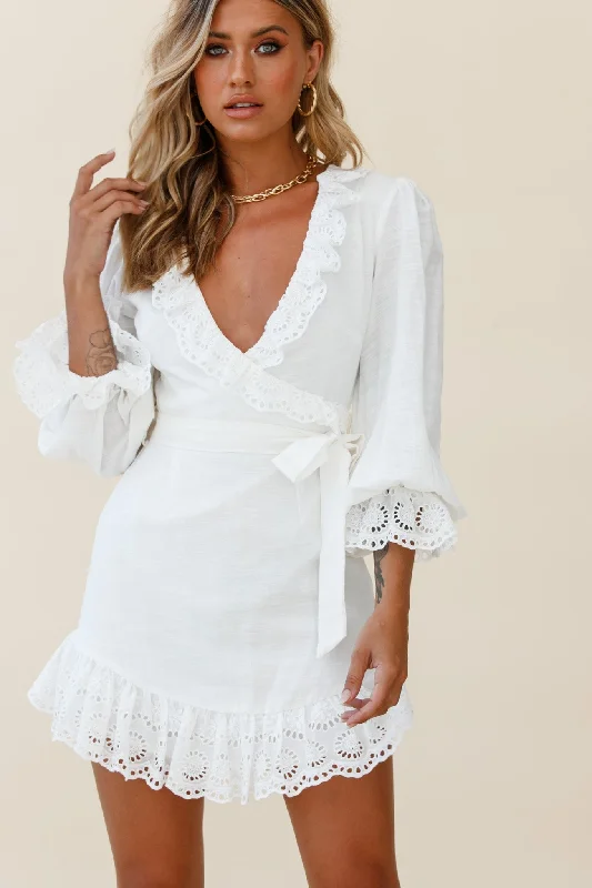 Terroni Lantern Sleeve Frill Hem Dress White